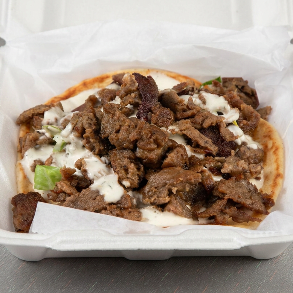 Open takeout container holding pita topped with sliced meat, creamy sauce, and lettuce.