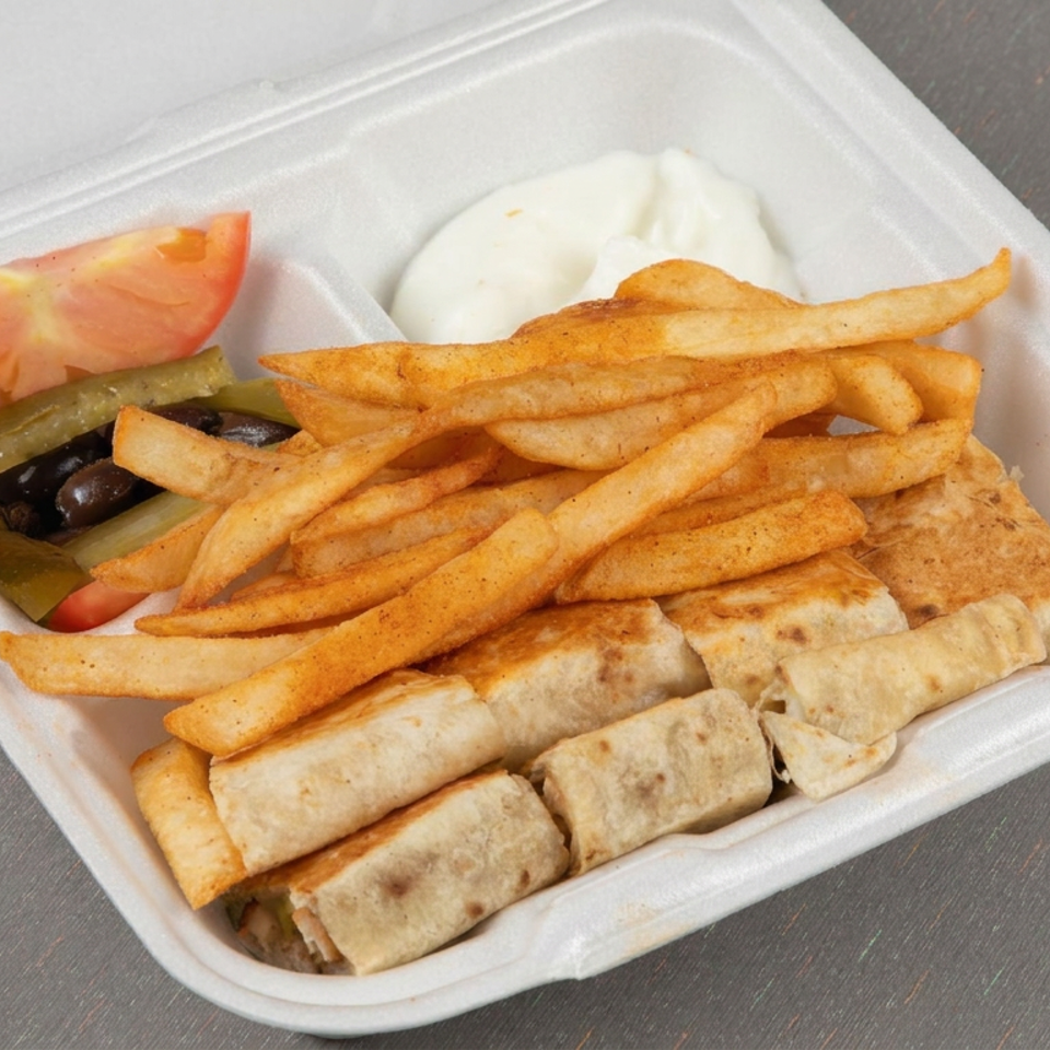 Takeout container filled with fries, sliced rolled wraps, tomato, pickles, olives, and creamy sauce.