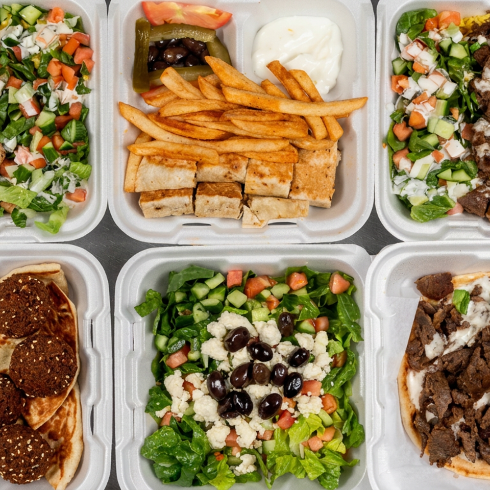 Six takeout containers display Middle Eastern dishes including chicken, shawarma, falafel, salads, hummus, fries, pita, olives, and sauces.